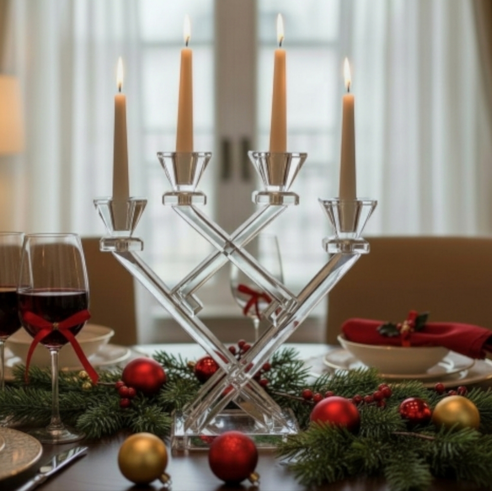 Frontgate Crystal 4-Arm Candelabra | Heavy Faceted Crystal Candle Holder 10.25"